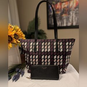 Kate Spade Houndstooth Tote and Wallet Set - Purple, Pink and Cream / Black